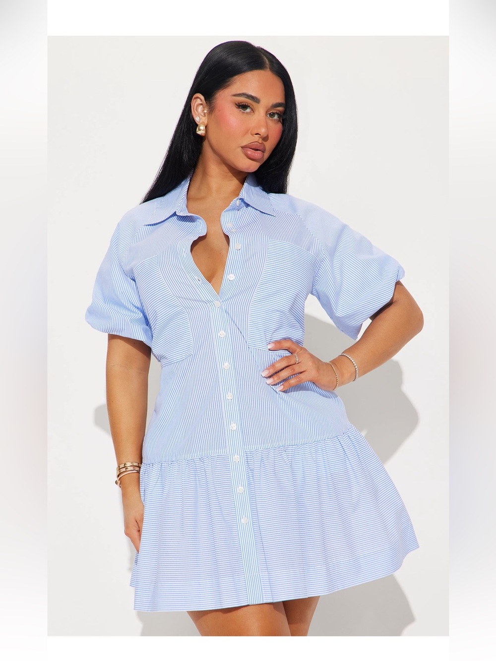 Fashion Nova Light Blue Striped Button-Front Shirt Dress